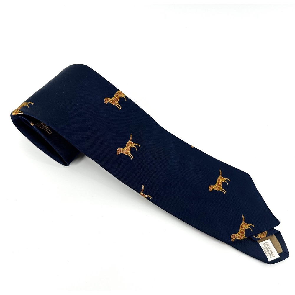 Perry Ellis Mens Silk Tie Navy Blue Golden Retriever Dog Motif Handmade USA